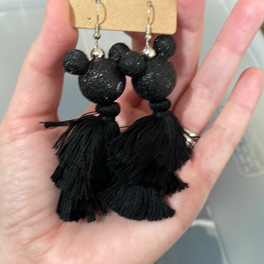 The Main Street Collective black glitter tassel Mickey earrings NWT